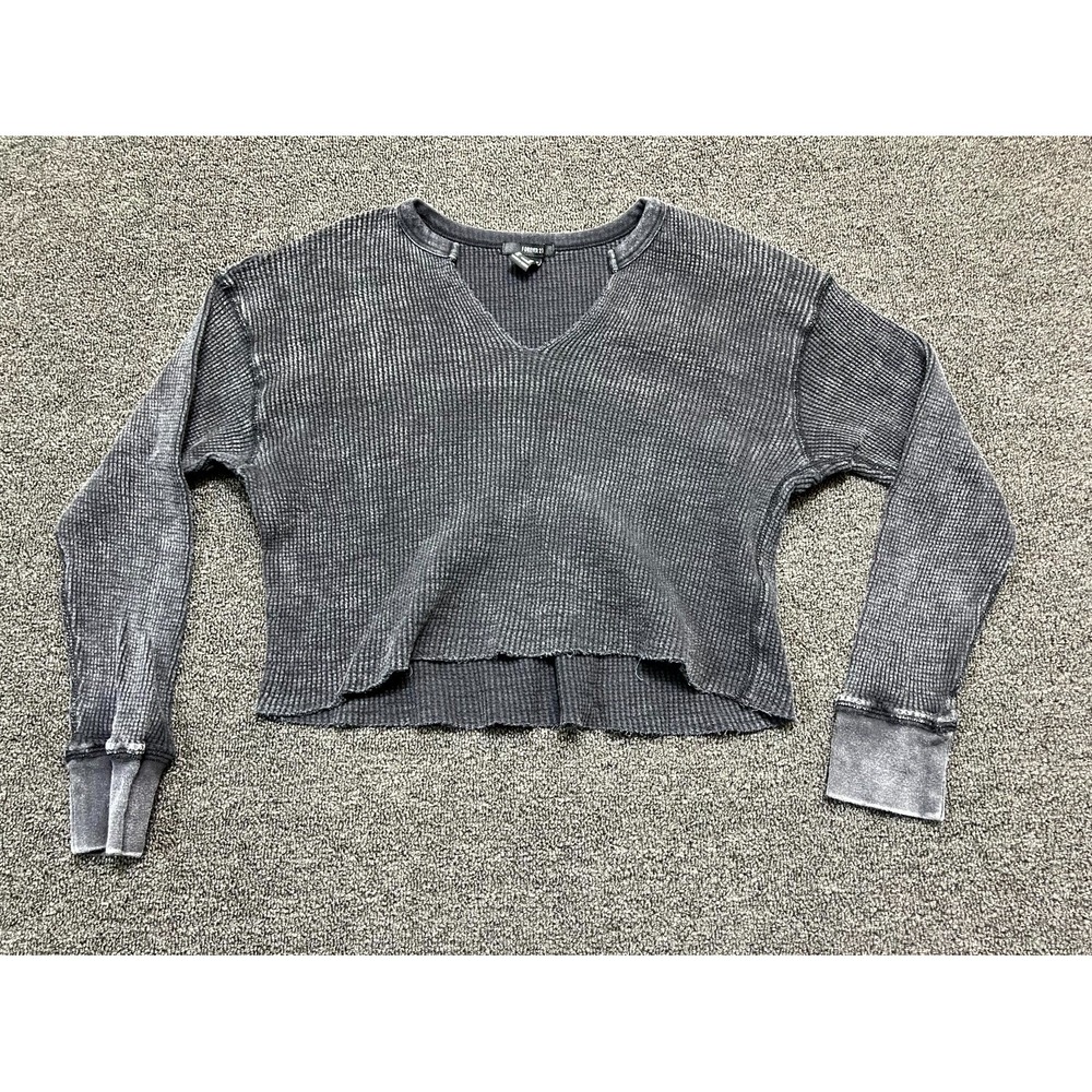 Forever 21 Cropped Thermal Top Womens Medium Charcoal Gray Cotton Waffle Knit